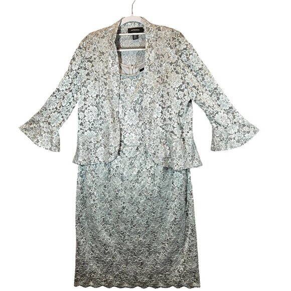 R&M Richards Womens 12 Sequin Lace Jacket Dress Set Sequins Silver Gray formal - Picture 1 of 16